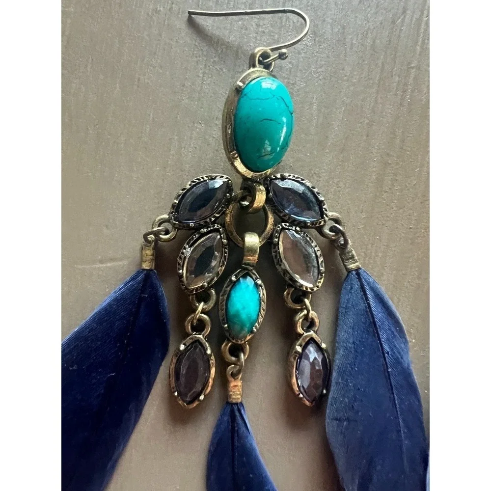 Boho Western Feather Earrings Turquoise Look Stone Chandelier Dangle‎ Cowgirl